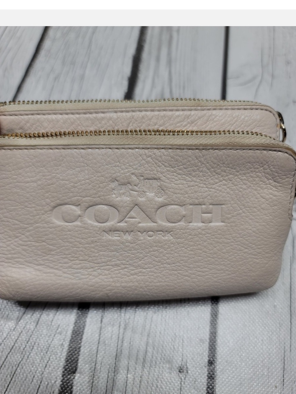 Coach Pebble Leather Double Zip Top Wristlet Wallet Taupe - Picture 2 of 8